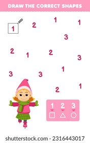 Education game for children help cute cartoon girl playing ice skating draw the correct shapes according to the number printable winter worksheet