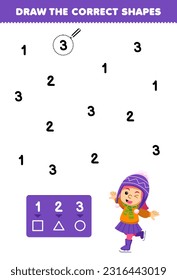 Education game for children help cute cartoon happy girl playing ice skating draw the correct shapes according to the number printable winter worksheet