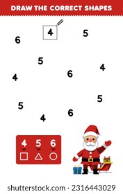 El juego de la educación para los niños ayuda al lindo dibujo animado santa a dibujar las formas correctas según el número de hojas de cálculo imprimibles en invierno