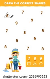 Education game for children help cute cartoon janitor draw the correct shapes according to the number printable profession worksheet