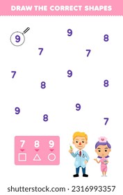 Education game for children help cute cartoon doctor and nurse draw the correct shapes according to the number printable profession worksheet