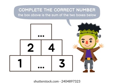 Education game for children help cute frankenstein complete the correct number halloween worksheet