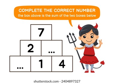 Education game for children help cute devil girl complete the correct number halloween worksheet