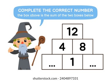 Education game for children help cute wizard complete the correct number halloween worksheet