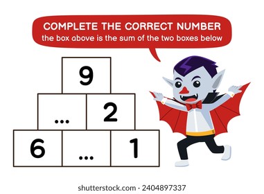 Education game for children help cute dracula complete the correct number halloween worksheet