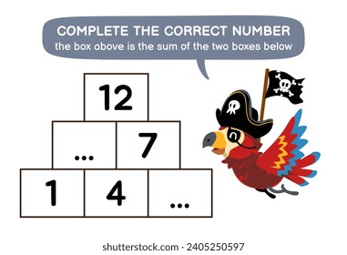 Education game for children help cute parrot carrying flag complete the correct number pirate worksheet