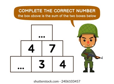 Education game for children help cute soldier complete the correct number profession worksheet