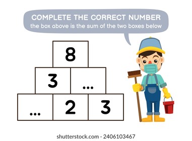 Education game for children help cute janitor complete the correct number profession worksheet