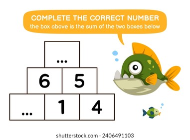 Education game for children help cute piranha complete the correct number underwater worksheet