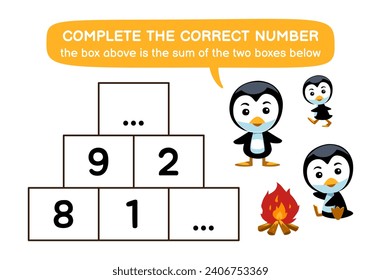 Los juegos de educación para niños ayudan a los pingüinos lindos a completar el número correcto de hojas de cálculo de invierno
