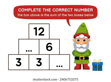 Education game for children help cute gnome complete the correct number winter worksheet