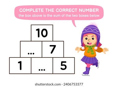 Education game for children help cute ice skating girl complete the correct number winter worksheet