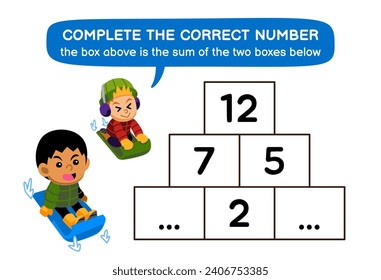 Education game for children help cute ice sledding kids complete the correct number winter worksheet