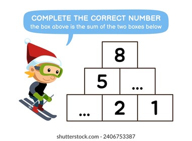 Education game for children help cute boy playing ski complete the correct number winter worksheet