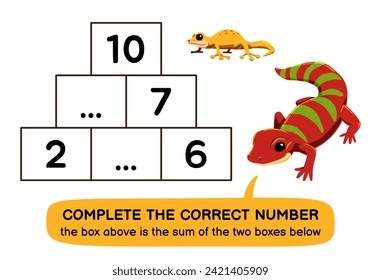 Education game for children help cute gecko complete the correct number printable pet worksheet