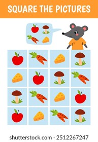 Education game for children. Help cute mouse square the correct apple, mushroom, carrot and cheese set picture. Printable worksheet. Vector cartoon illustration.