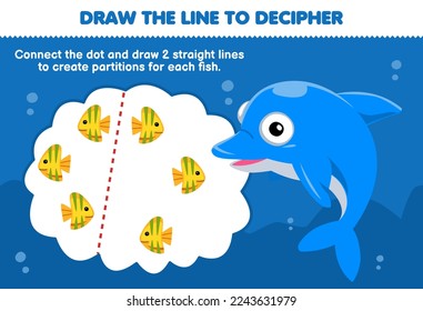 Education game for children help dolphin draw the lines to separate each yellow fish printable underwater worksheet