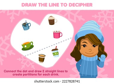 Education game for children help girl draw the lines to separate the drinks printable winter worksheet