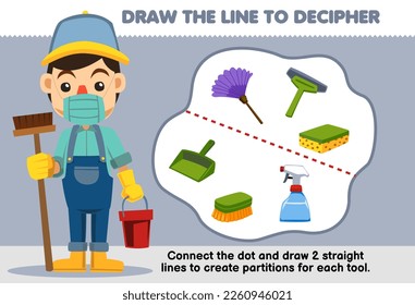 Education game for children help janitor draw the lines to separate cleaning equipment printable tool worksheet