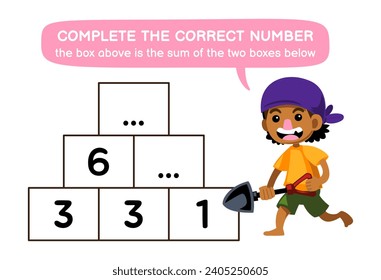 Education game for children help kid carrying a shovel complete the correct number pirate worksheet