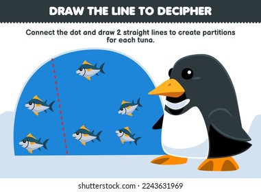 Education game for children help penguin draw the lines to separate each fish printable underwater worksheet