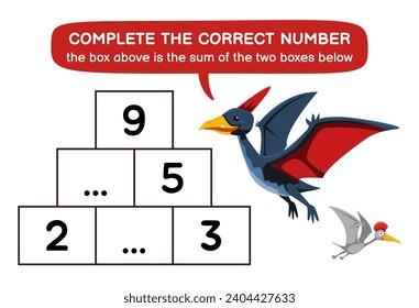 Education game for children help pteranodon complete the correct number dinosaur worksheet