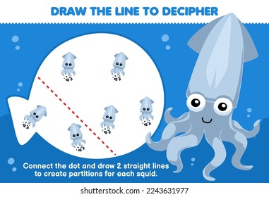 Education game for children help squid draw the lines to separate each baby squid printable underwater worksheet