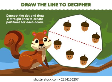 Erziehungsspiel für Kinder hilft Eichhörnchen dabei, die Zeilen zu trennen, die auf einer Eichel gedruckte Naturblatt