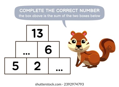 Juego educativo para niños ayuda a las ardillas a completar el número correcto de hoja de cálculo para animales imprimibles