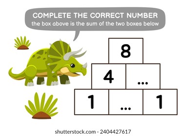 Education game for children help triceratops complete the correct number dinosaur worksheet