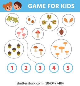 Education game for children. How many mushrooms. Kids learning material. Preschool worksheet activity. Children funny riddle entertainment. Vector Illustration