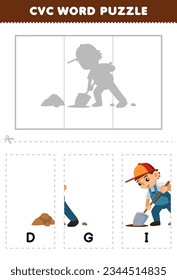 Education game for children to learn cvc word by complete the puzzle of cute cartoon digging boy picture printable worksheet