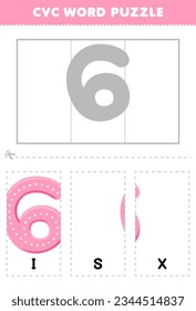 Education game for children to learn cvc word by complete the puzzle of cute cartoon number six picture printable worksheet