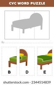 Education game for children to learn cvc word by complete the puzzle of cute cartoon bed picture printable worksheet