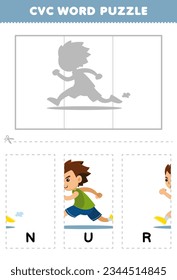 Education game for children to learn cvc word by complete the puzzle of cute cartoon running boy picture printable worksheet