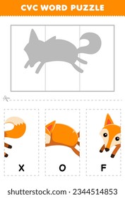 Education game for children to learn cvc word by complete the puzzle of cute cartoon fox picture printable worksheet