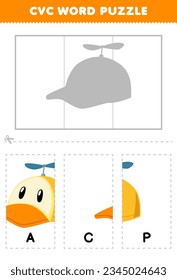 Education game for children to learn cvc word by complete the puzzle of cute cartoon cap picture printable worksheet