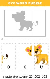 Education game for children to learn cvc word by complete the puzzle of cute cartoon cub picture printable worksheet