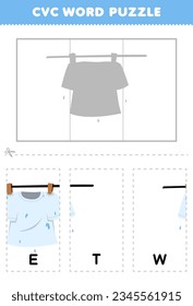 Education game for children to learn cvc word by complete the puzzle of cute cartoon wet t shirt picture printable worksheet