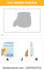Education game for children to learn cvc word by complete the puzzle of cute cartoon jar picture printable worksheet
