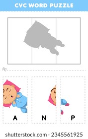 Education game for children to learn cvc word by complete the puzzle of cute cartoon baby taking nap picture printable worksheet