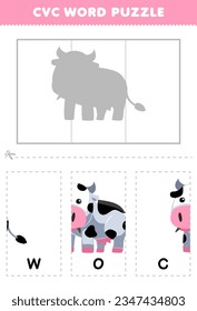 Education game for children to learn cvc word by complete the puzzle of cute cartoon cow picture printable worksheet