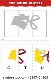 Education game for children to learn cvc word by complete the puzzle of cute cartoon scissor cut paper picture printable worksheet