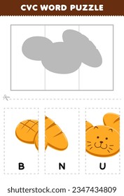 Erziehungsspiel für Kinder, um cvc Wort zu lernen, indem das Puzzle süße Cartoon Bun Brot druckbaren Arbeitsblatt