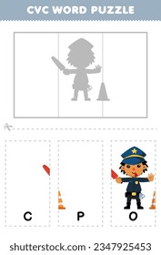 Education game for children to learn cvc word by complete the puzzle of cute cartoon cop picture printable worksheet