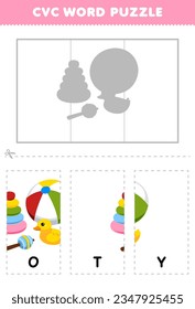 Juego de educación para que los niños aprendan la palabra cvc completando el rompecabezas de la linda hoja de cálculo imprimible de juguete de dibujos animados