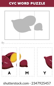 Education game for children to learn cvc word by complete the puzzle of cute cartoon yam picture printable worksheet