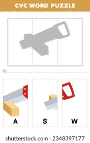 Education game for children to learn cvc word by complete the puzzle of cute cartoon saw picture printable worksheet