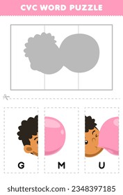 Education game for children to learn cvc word by complete the puzzle of cute cartoon child chewing gum picture printable worksheet