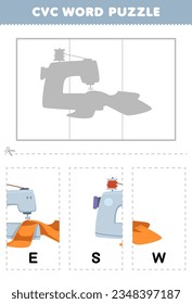 Education game for children to learn cvc word by complete the puzzle of cute cartoon sew machine picture printable worksheet